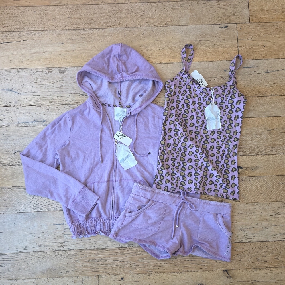 2000's Vintage PacSun Kirra Hoodie Tank Shorts Set surf coconut girl leopard